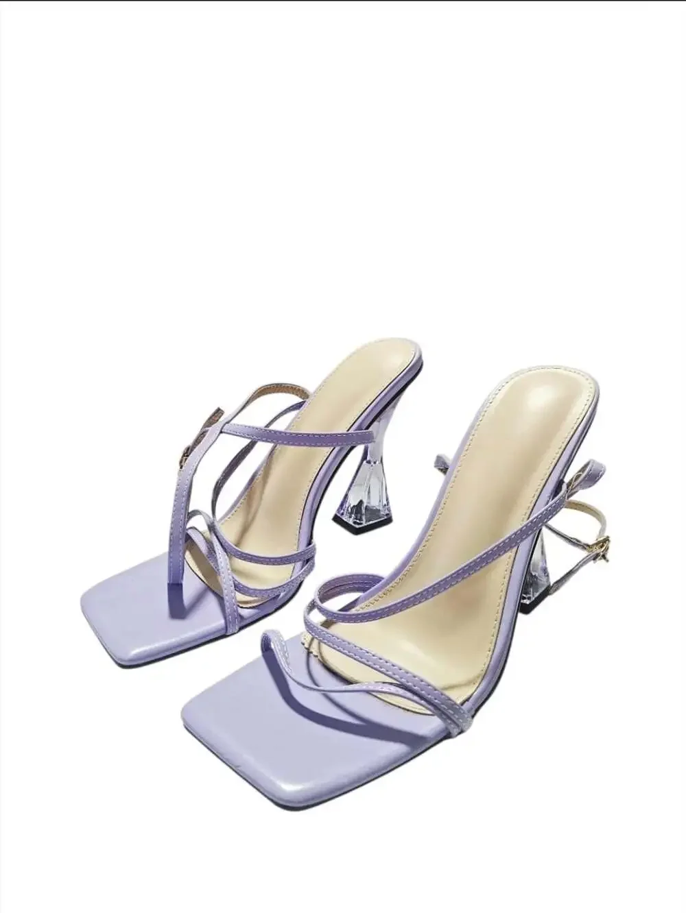 Purple Strappy Square Toe Size 10 Sandals with Sculptural Clear Heel